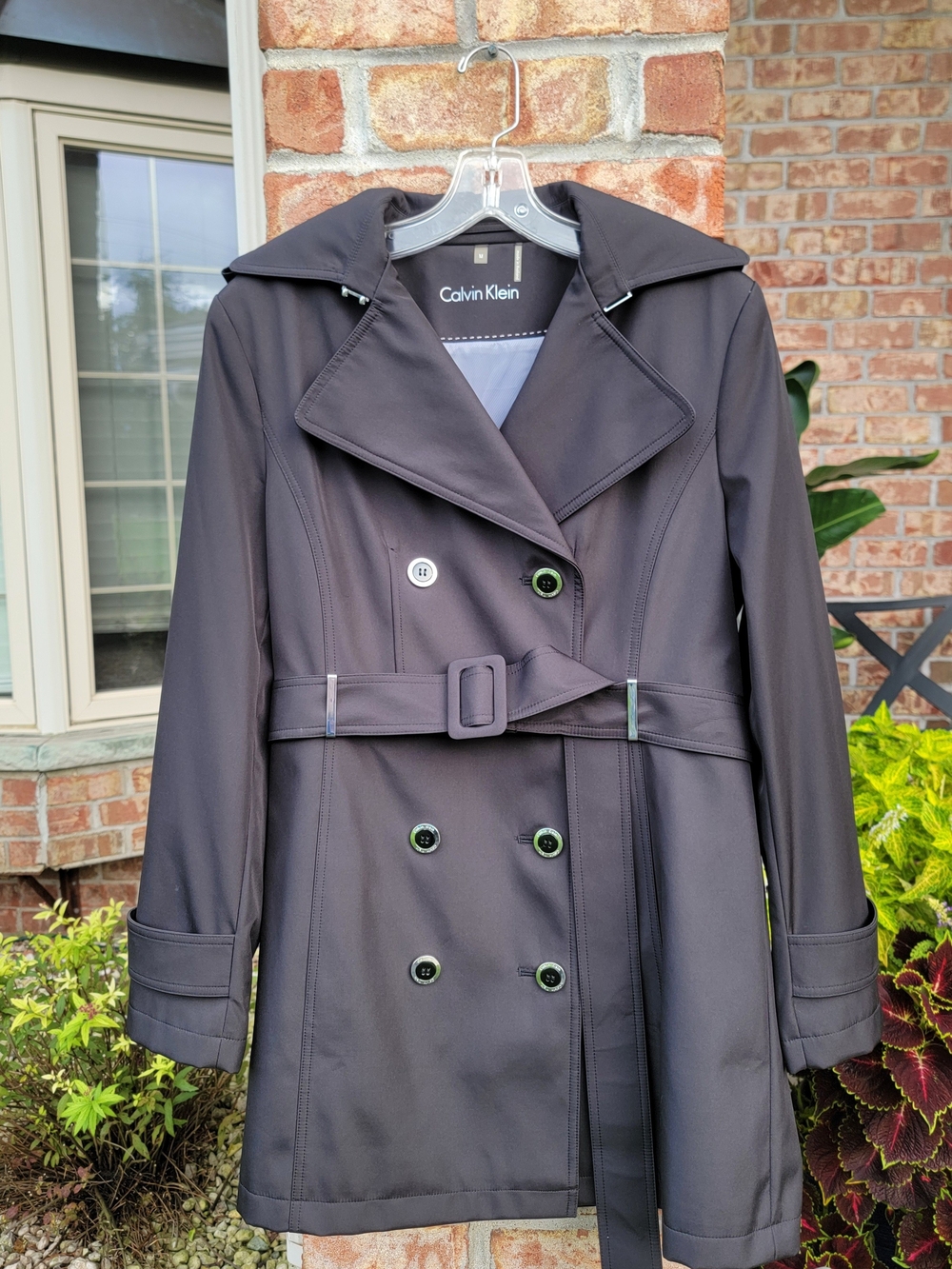 Calvin Klein Women's Classic Black Double-Breasted Trench Coat with Belt